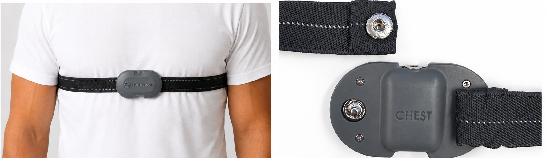 Chest unit worn on the belt across the chest, with a close-up of the CHEST unit and its metal snap button