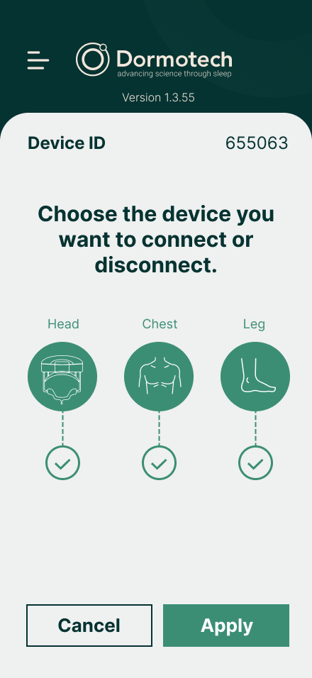 App screen to choose which devices to connect: Head, Chest, and Leg, all selected, with an Apply button
