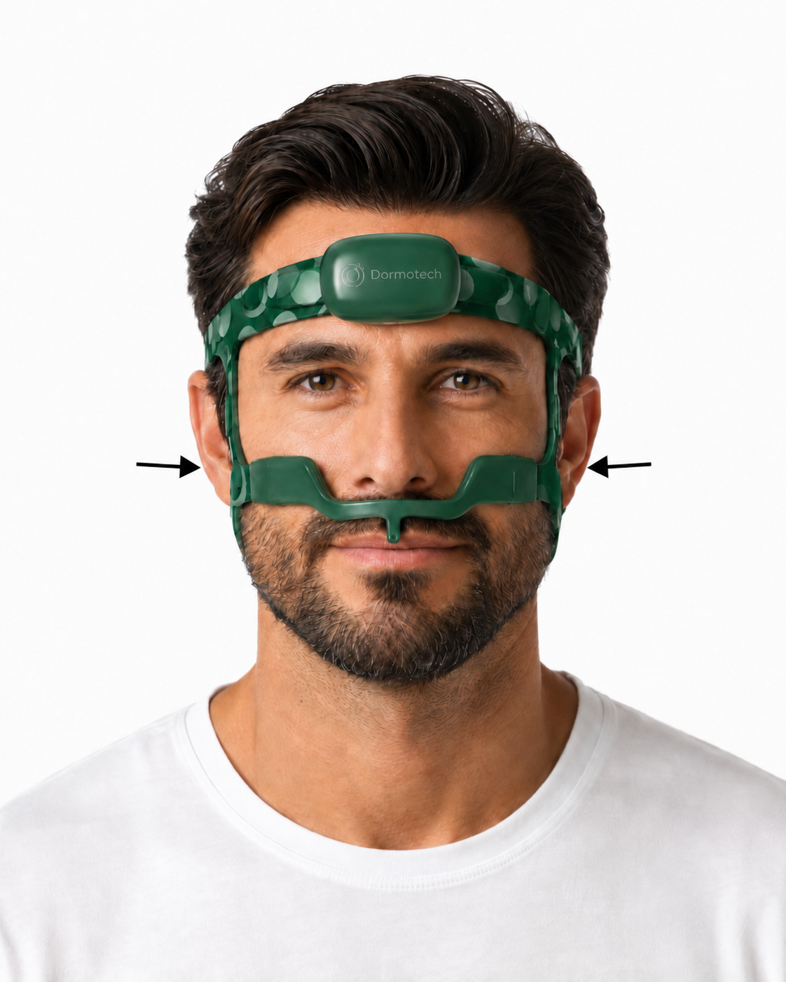Person wearing the head unit with arrows pointing to the side straps on the cheekbones