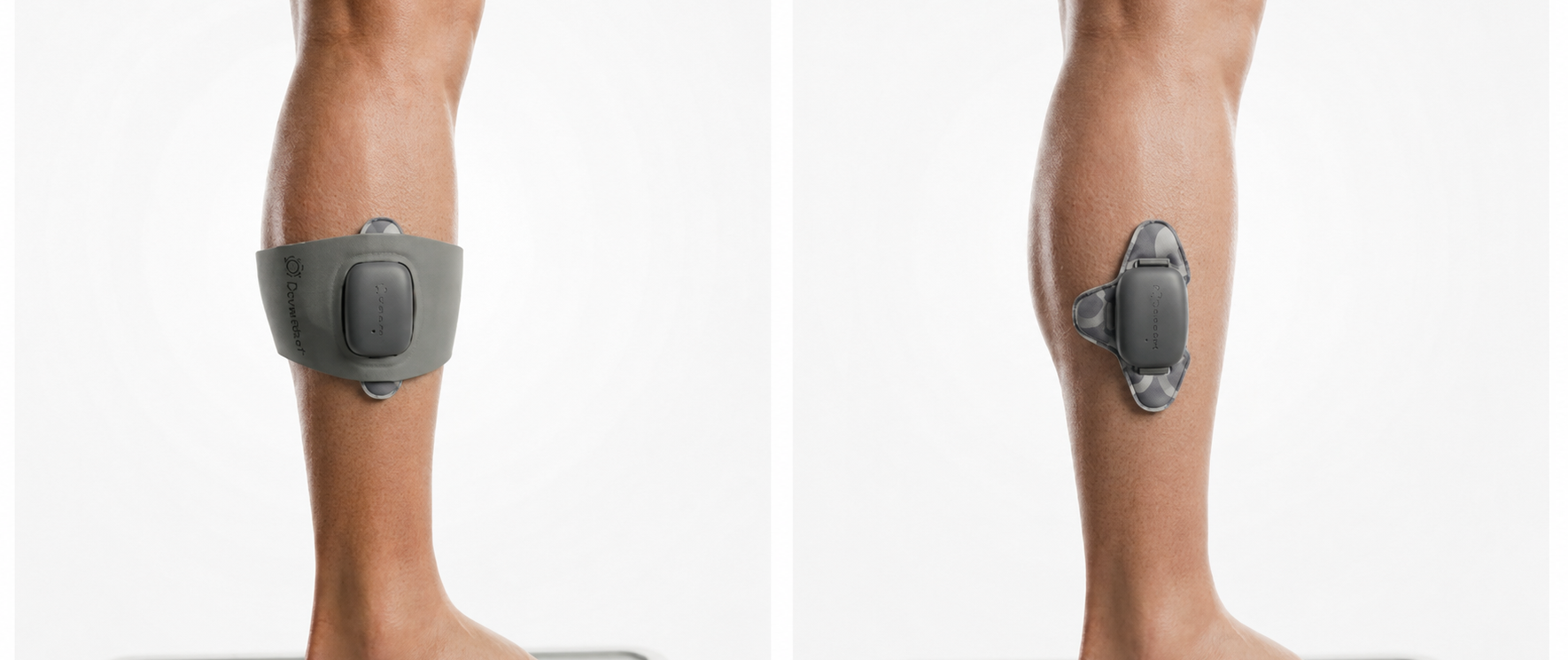 Leg unit shown strapped to the lower-leg side muscle, with and without the strap