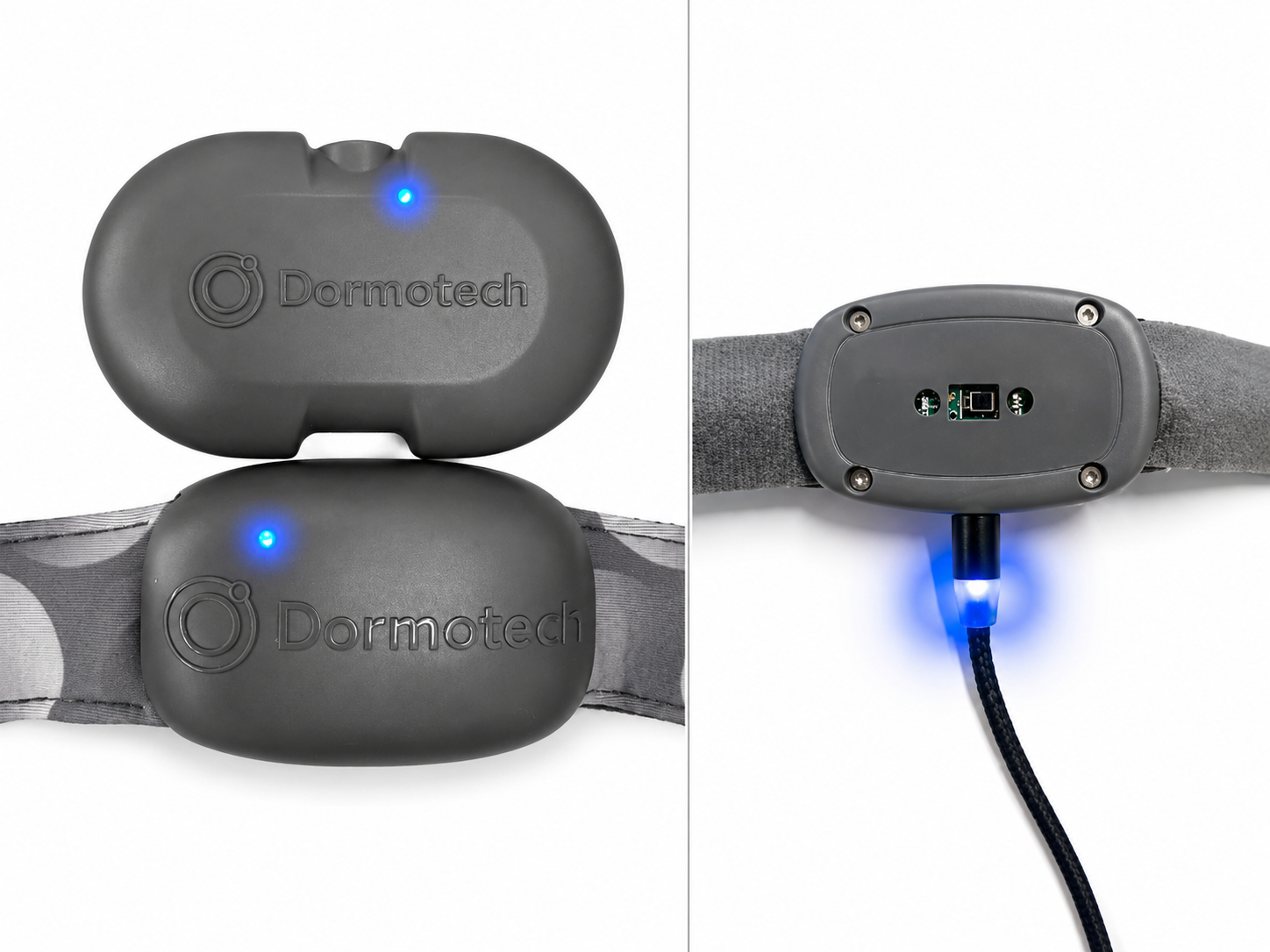 Head unit with the blue LED on and the magnetic charging cable connected