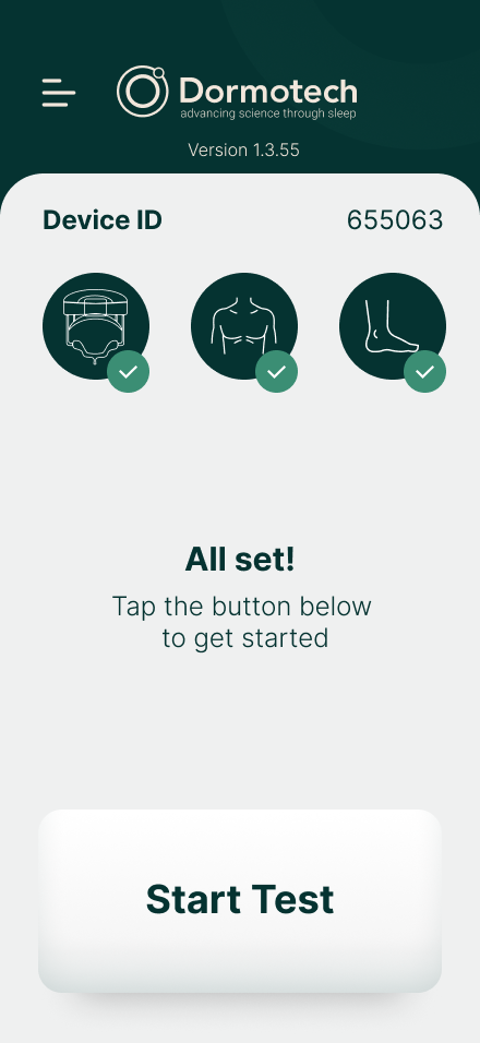 App screen showing all units connected with an All set message and a Start Test button