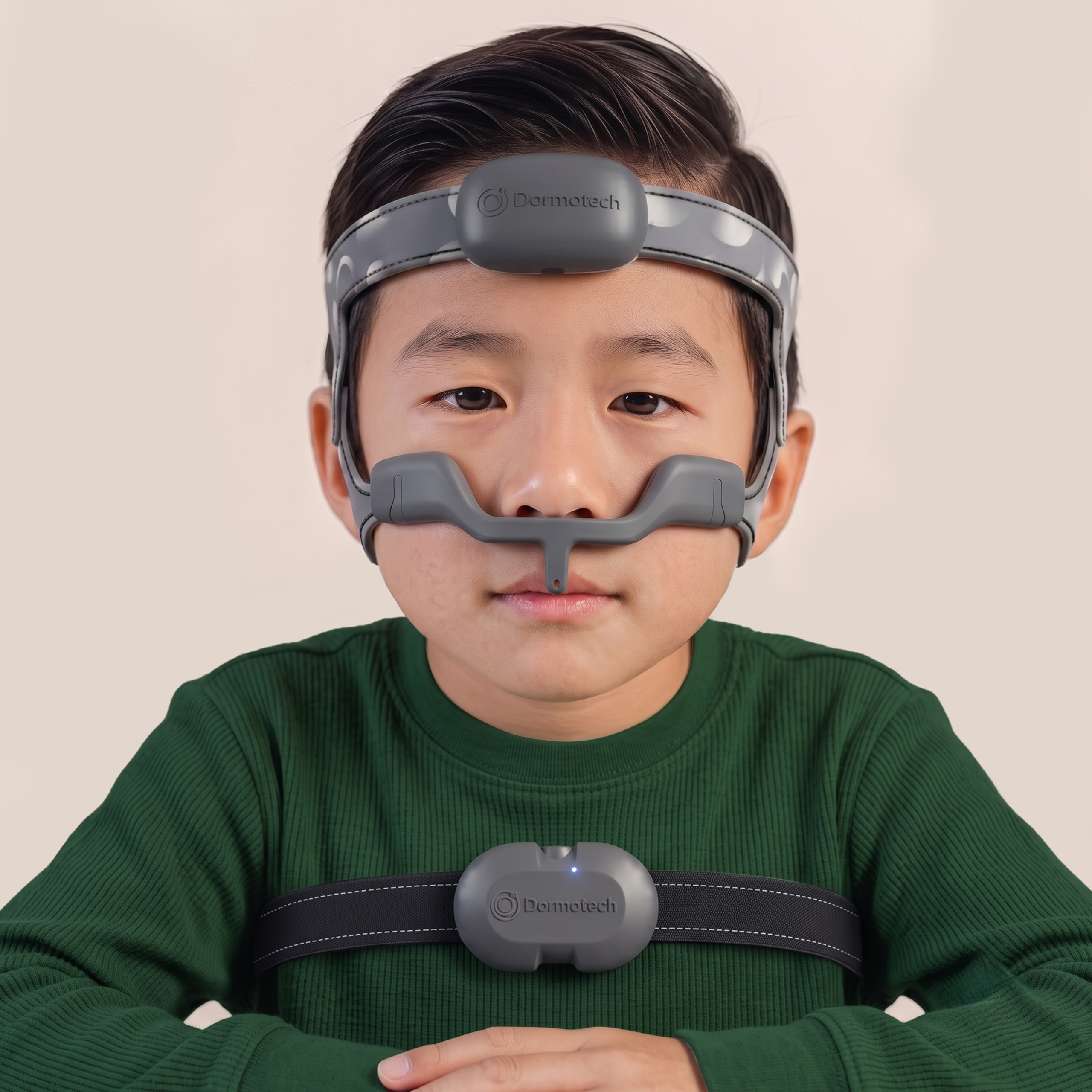 Child wearing the Dormovision X™ Home PSG system, with monitoring components positioned on the forehead, face, and chest.