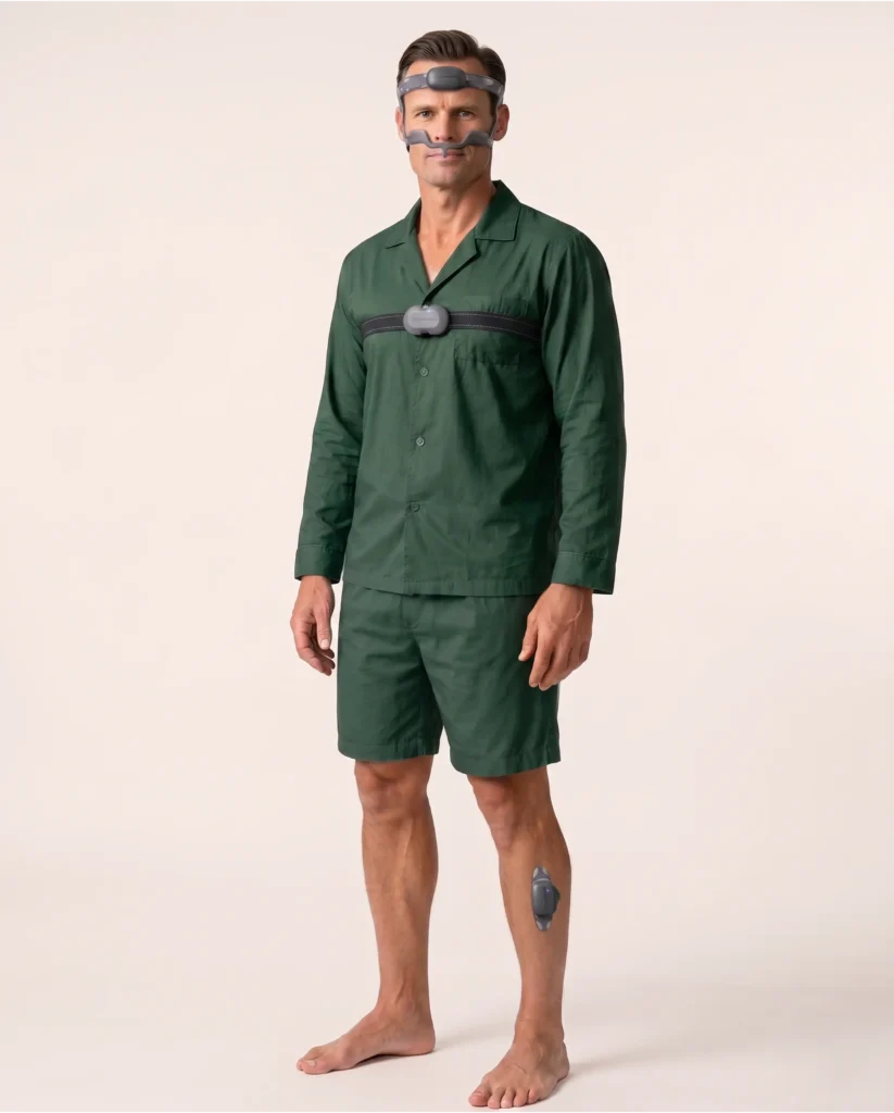 Man wearing a dark green sleepwear set with monitoring devices positioned on his forehead, face, chest, and lower leg.