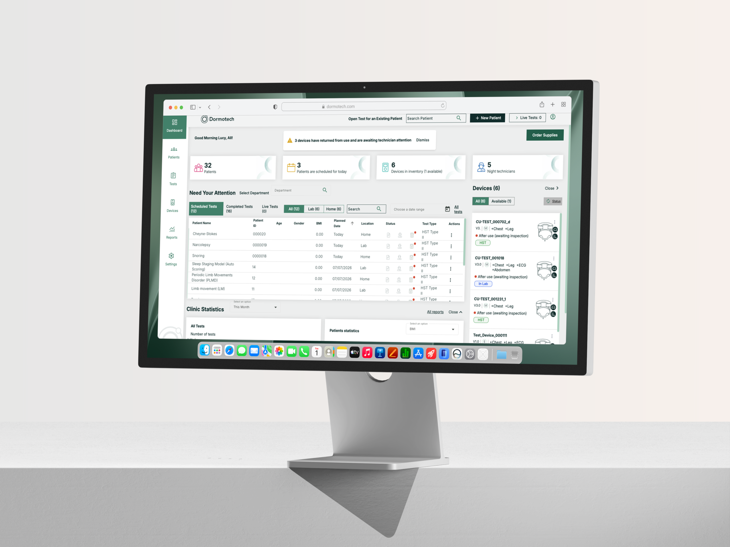 Desktop monitor displaying the Dormovision X™ Platform dashboard with patient, test, device, and clinic management information.