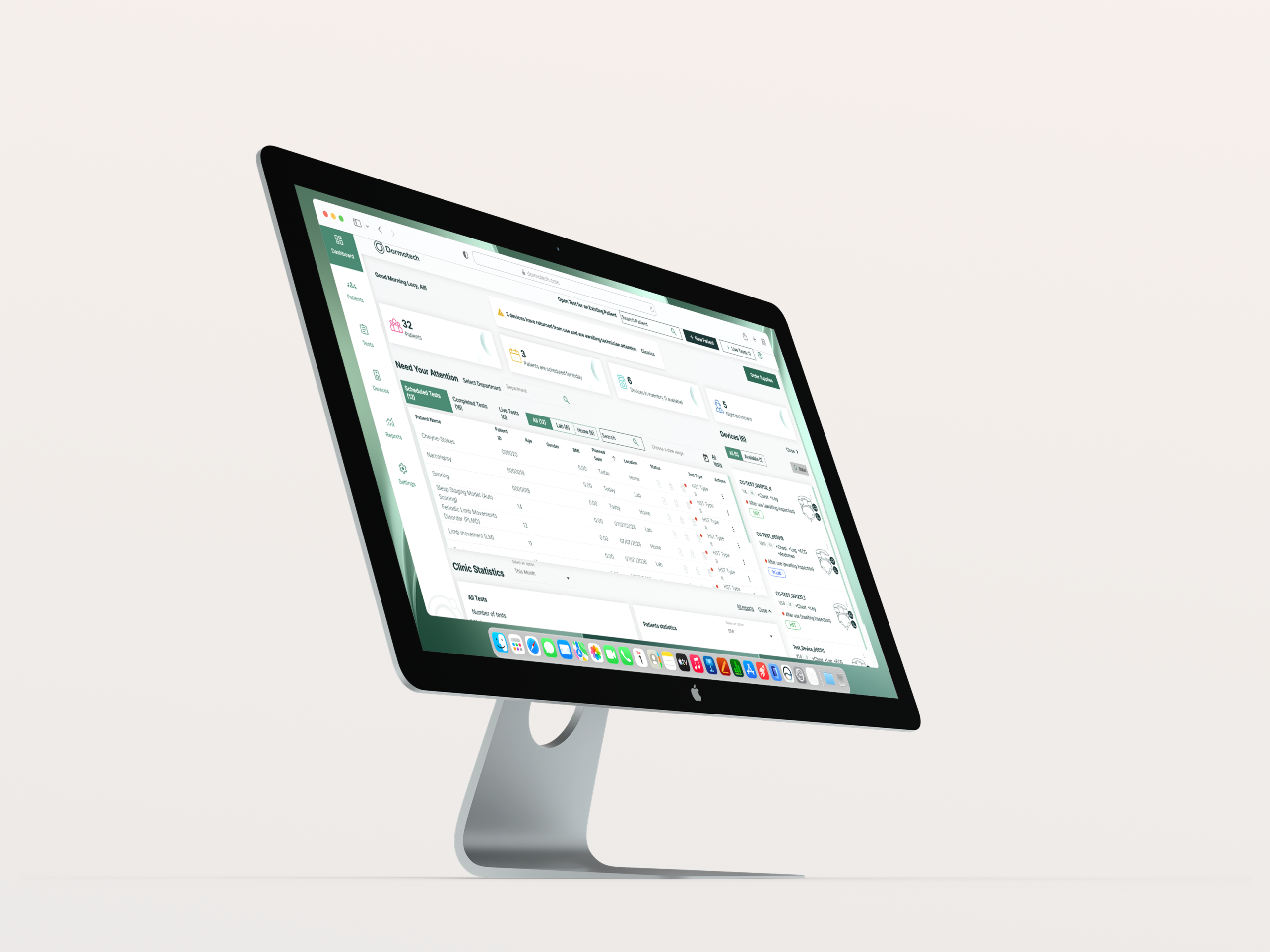 Desktop monitor displaying the Dormovision X™ Platform with patient, test, and device management information.